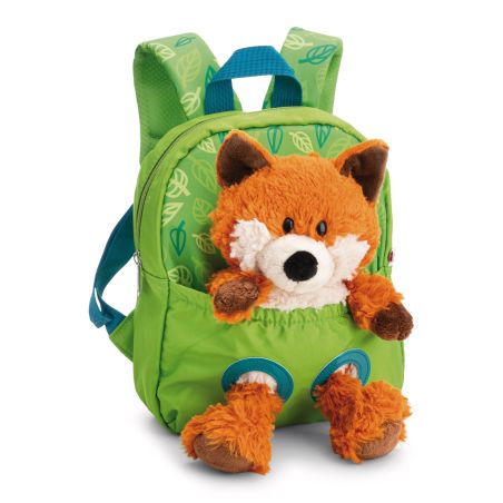 Grüner Kinder-Rucksack mit einem Plüsch-Fuchs auf der Vorderseite.