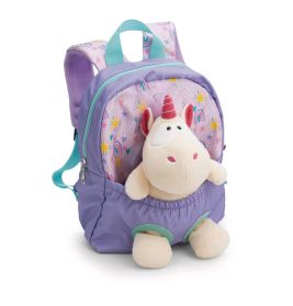 Lila Rucksack mit Regenbogen- und Sternmuster, vorne ein Plüsch-Einhorn am Frontfach.
