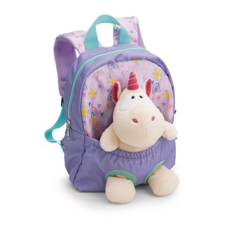 Lila Rucksack mit Regenbogen- und Sternmuster, vorne ein Plüsch-Einhorn am Frontfach.