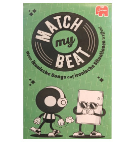 Grüne Match My Beat Box mit Comicfiguren und dem deutschen Text: Wenn ikonische Songs auf ironische Situationen treffen!.