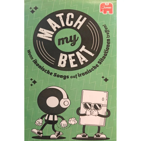 Grüne Match My Beat Box mit Comicfiguren und dem deutschen Text: Wenn ikonische Songs auf ironische Situationen treffen!.