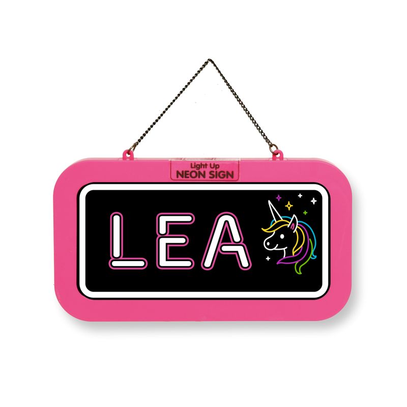 Rechteckiges pinkes Neonschild mit "LEA" und bunter Einhornzeichnung auf schwarzem Hintergrund.