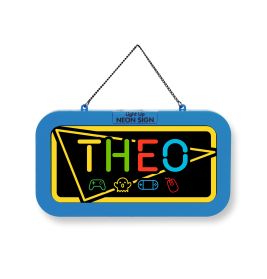 Blaues Neon-Schild mit dem Namen THEO und bunten Gaming-Icons, aufgehängt an einer schwarzen Kette.