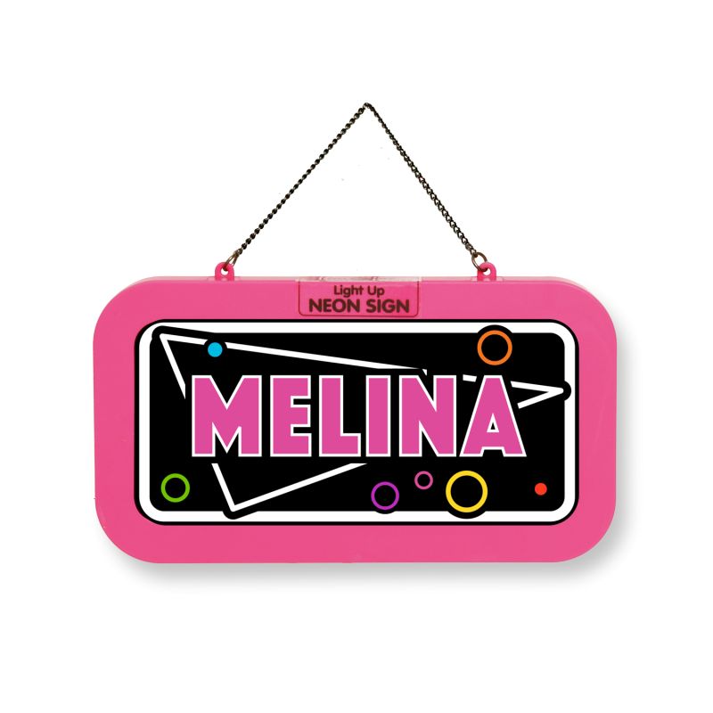 Rechteckiges pinkes Neonschild mit weißem MELINA-Schriftzug und bunten Kreisen.