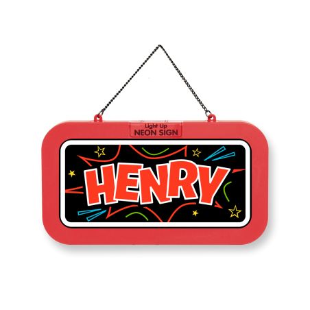 Rechteckiges Neonschild mit dem Namen Henry in roten Buchstaben, umgeben von Sternen und Linien.