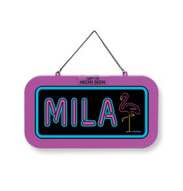 Neonschild mit MILA und Flamingo-Umriss, lila umrahmt, hängt an einer Kette.