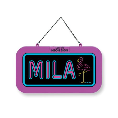 Neonschild mit MILA und Flamingo-Umriss, lila umrahmt, hängt an einer Kette.