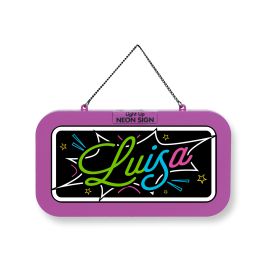 Ein Neonschild mit dem Namen Luisa in leuchtenden Farben, umgeben von Sternen und Linien, eingerahmt in Lila.