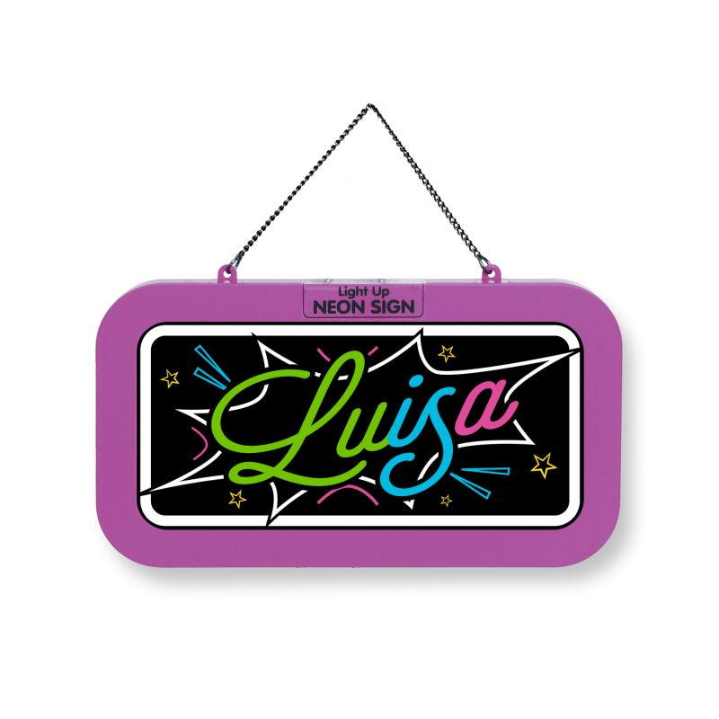 Ein Neonschild mit dem Namen Luisa in leuchtenden Farben, umgeben von Sternen und Linien, eingerahmt in Lila.