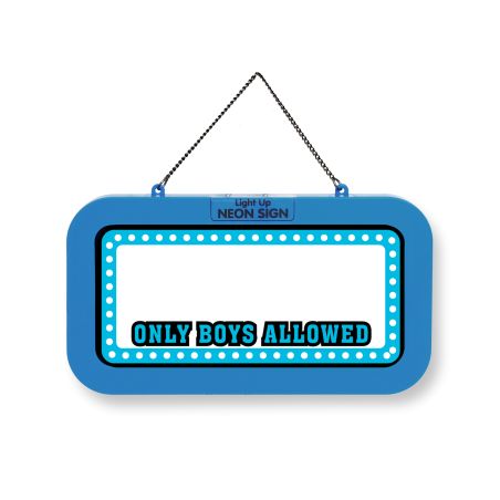 Blaues Neonzeichen mit dem Schriftzug "ONLY BOYS ALLOWED" in fetten schwarzen und blauen Buchstaben.