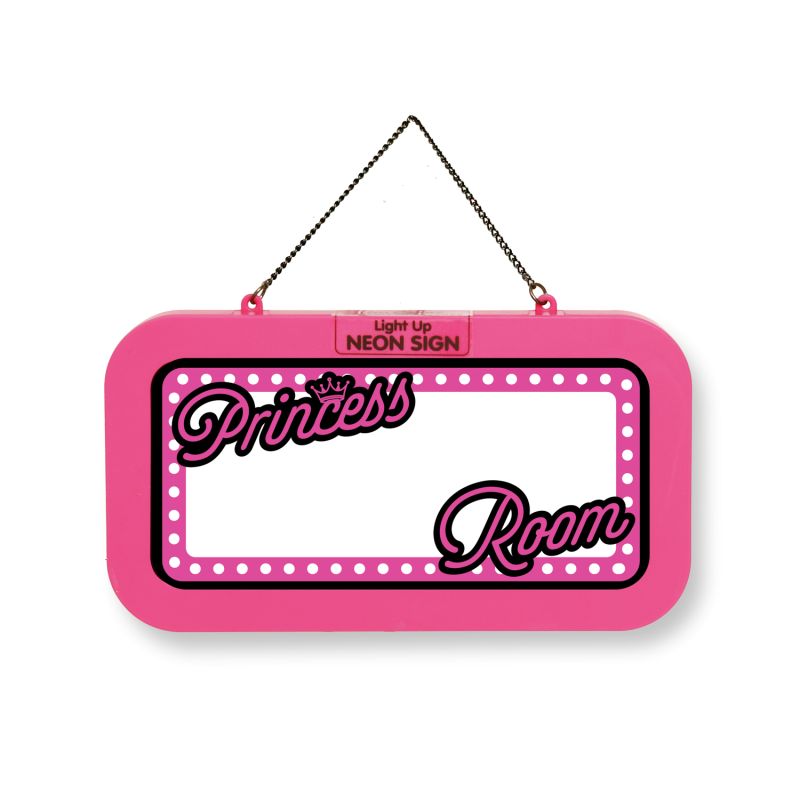 Pinkes Neonschild mit "Princess Room"-Schrift, weißen Randpunkten und Aufhängekette.