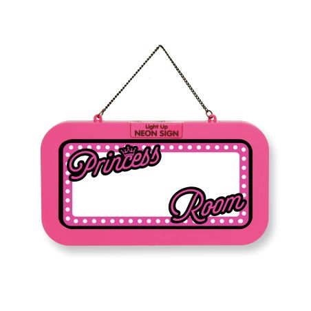 Pinkes Neonschild mit "Princess Room"-Schrift, weißen Randpunkten und Aufhängekette.