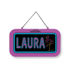 Neonschild mit dem Namen Laura und einem pinken Flamingo, violettem Rahmen und Kette zum Aufhängen.
