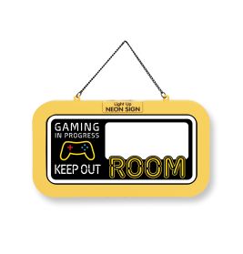 Rechteckiges Neon-Schild mit "Gaming in Progress, Keep Out, Room" und einem Symbol eines Videospiel-Controllers.