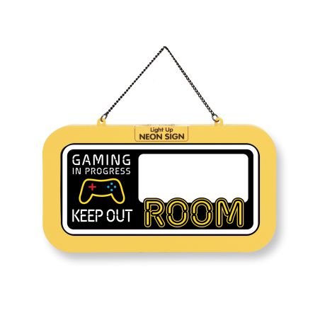 Rechteckiges Neon-Schild mit "Gaming in Progress, Keep Out, Room" und einem Symbol eines Videospiel-Controllers.