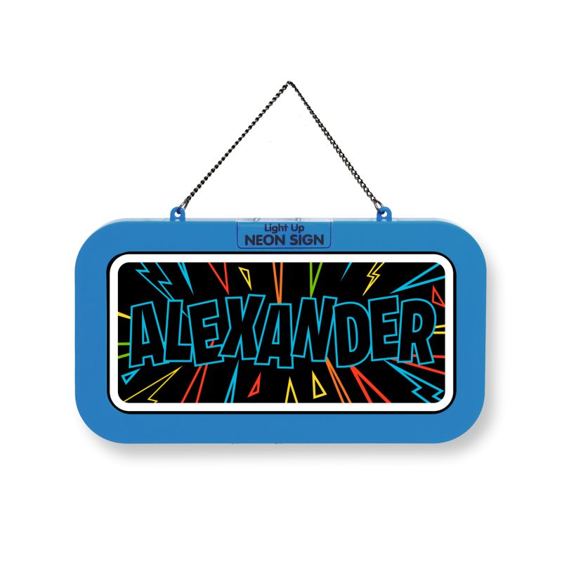 Rechteckiges Neonschild mit dem Namen Alexander in fetten Buchstaben, umgeben von bunten Linien und Formen.