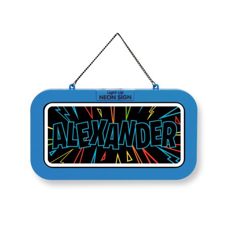 Rechteckiges Neonschild mit dem Namen Alexander in fetten Buchstaben, umgeben von bunten Linien und Formen.