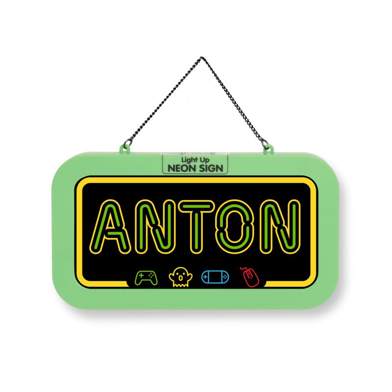 Ein leuchtendes ANTON-Schild mit Symbolen für Controller, Geist, Pille und Maus darunter.