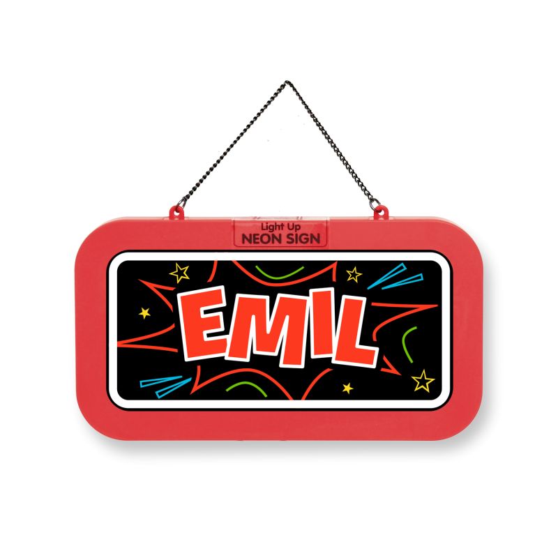Neonschild mit rotem Rand, Schriftzug EMIL in Großbuchstaben sowie bunten Sternen und Linien auf schwarzem Grund.