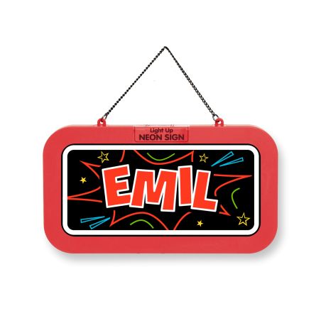 Neonschild mit rotem Rand, Schriftzug EMIL in Großbuchstaben sowie bunten Sternen und Linien auf schwarzem Grund.