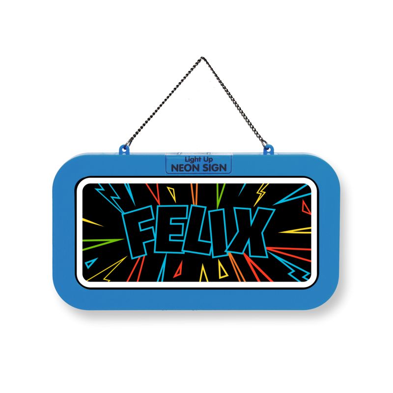 Neonschild mit blauem Rahmen und "FELIX" in fetten Buchstaben, umgeben von gezeichneten, bunten Blitzen.