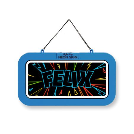 Neonschild mit blauem Rahmen und "FELIX" in fetten Buchstaben, umgeben von gezeichneten, bunten Blitzen.