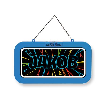 Blaues Neonschild mit dem Namen JAKOB in fetten Buchstaben, umgeben von bunten Blitzmustern.