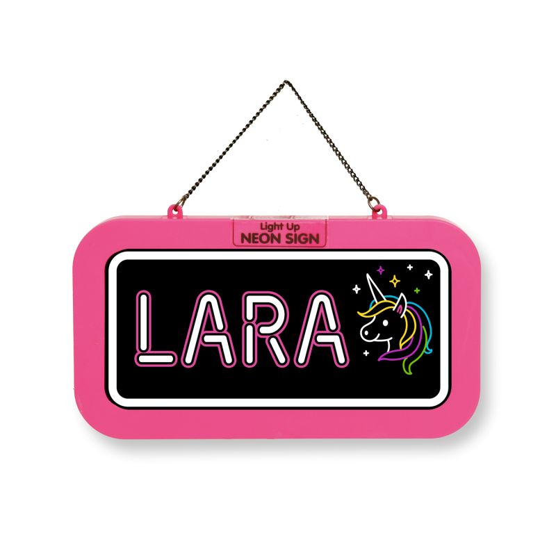 Leuchtreklame in Pink mit dem Namen LARA und bunter Einhornzeichnung vor schwarzem Hintergrund.