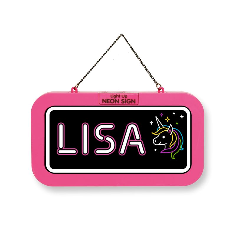 Pinkes Neonschild mit dem Namen LISA und bunter Einhorn-Illustration auf schwarzem Hintergrund.