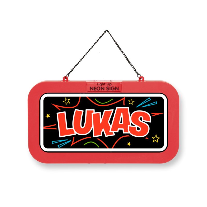 Rotes Neon-Schild mit dem Namen LUKAS in fetten Buchstaben, umgeben von bunten Sternen und Licht-Effekten.