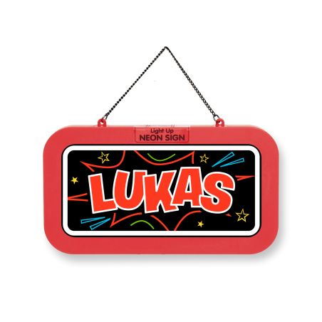 Rotes Neon-Schild mit dem Namen LUKAS in fetten Buchstaben, umgeben von bunten Sternen und Licht-Effekten.