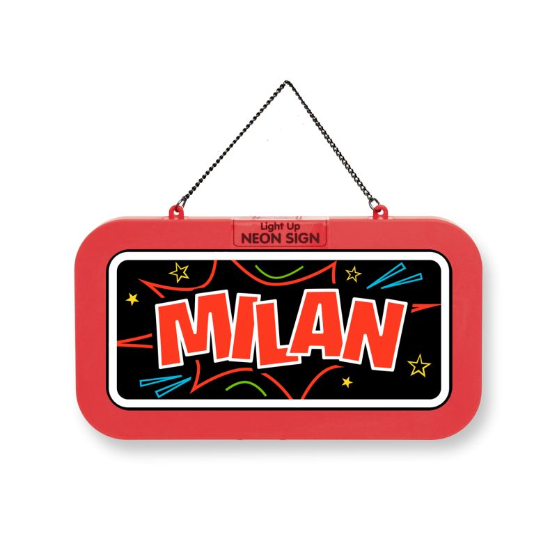 Rotes Neon-Schild mit der Aufschrift MILAN in Großbuchstaben, umgeben von bunten Sternen und Linien.