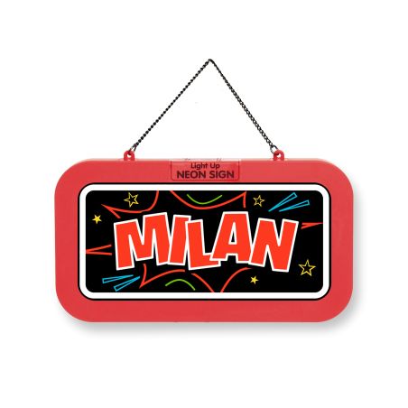 Rotes Neon-Schild mit der Aufschrift MILAN in Großbuchstaben, umgeben von bunten Sternen und Linien.
