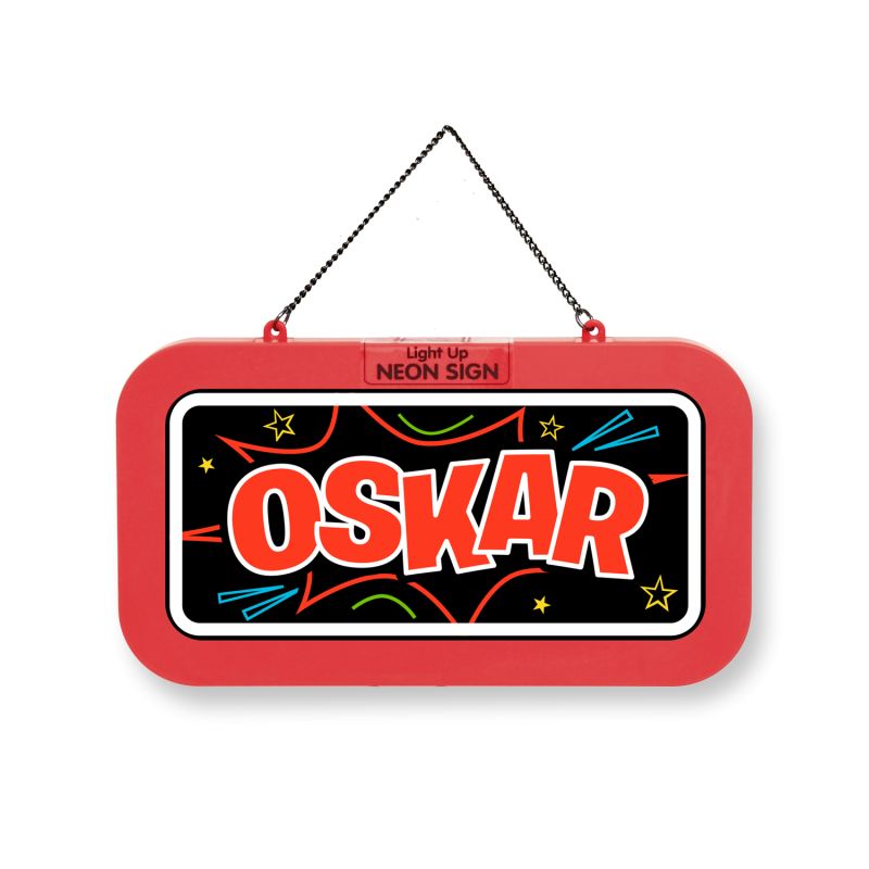 Rotes rechteckiges Neon-Schild mit dem Schriftzug OSKAR in Fettdruck und bunten Sternen darum.