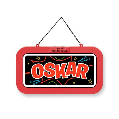 Rotes rechteckiges Neon-Schild mit dem Schriftzug OSKAR in Fettdruck und bunten Sternen darum.
