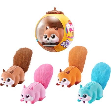 Fünf bunte Spielzeug-Eichhörnchen, eines in Rundverpackung. Flauschige Schwänze in Braun, Pink, Orange, Blau und Türkis.