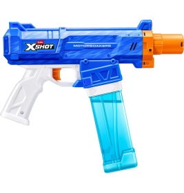 Blau-weiße X-Shot Wasserpistole mit orangefarbener Düse und durchsichtigem, blauem Wassertank.