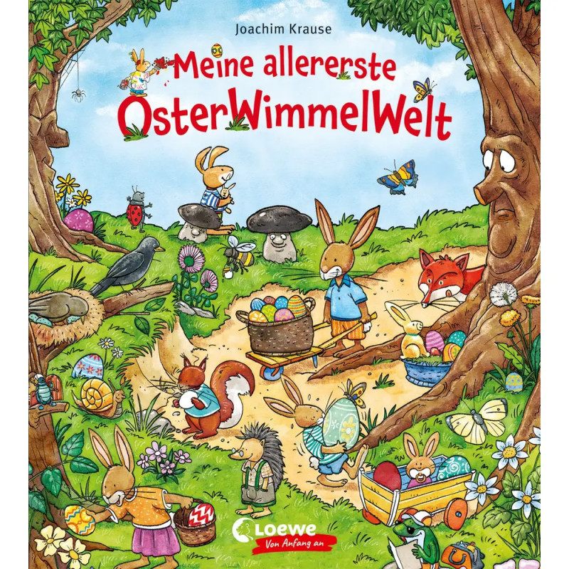 Buntes deutsches Kinderbuchcover mit Tieren, Ostereiern und Frühlingslandschaft: Meine allererste OsterWimmelWelt.