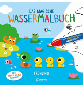 Illustrierter Einband eines magischen Wasser-Malbuchs mit Tieren, Blumen und Zauberstift in einer Teichlandschaft.