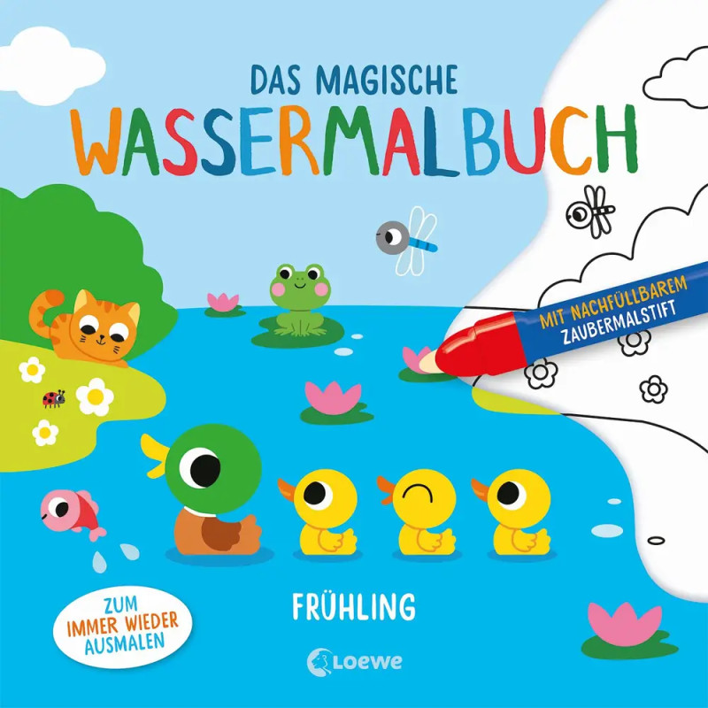 Illustrierter Einband eines magischen Wasser-Malbuchs mit Tieren, Blumen und Zauberstift in einer Teichlandschaft.