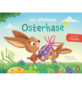 Zwei Cartoon-Osterhasen mit großem, verziertem Ei in bunter Landschaft, oben deutscher Text.