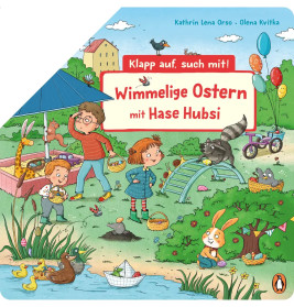 Kinder und Tiere suchen im lebhaften, bunten Park mit Bäumen und Teich nach Ostereiern.