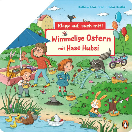 Kinder und Tiere suchen im lebhaften, bunten Park mit Bäumen und Teich nach Ostereiern.