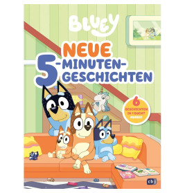 Die Bluey-Familie sitzt mit Spielzeug und Büchern auf einem orangefarbenen Sofa; Text: "Neue 5-Minuten-Geschichten".