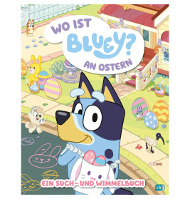 Bluey hält einen Osterkorb in einem bunten Garten mit Eiern, Dekorationen und Tieren.
