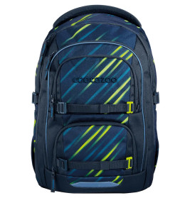 Dunkelblauer Rucksack mit grünen und gelben Diagonalstreifen sowie mehreren Reißverschlusstaschen.