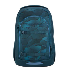 Rucksack in Türkis und Dunkelgrün mit Camouflage-Muster und mehreren Reißverschlussfächern.