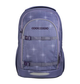 Lila Cocazoo-Rucksack mit Frontreißverschluss, zwei grauen Trägern und gepunktetem Muster auf der Vorderseite.