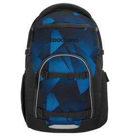 Schwarzer und blauer Rucksack mit geometrischem Muster und COOCAZOO-Logo auf der Vorderseite.