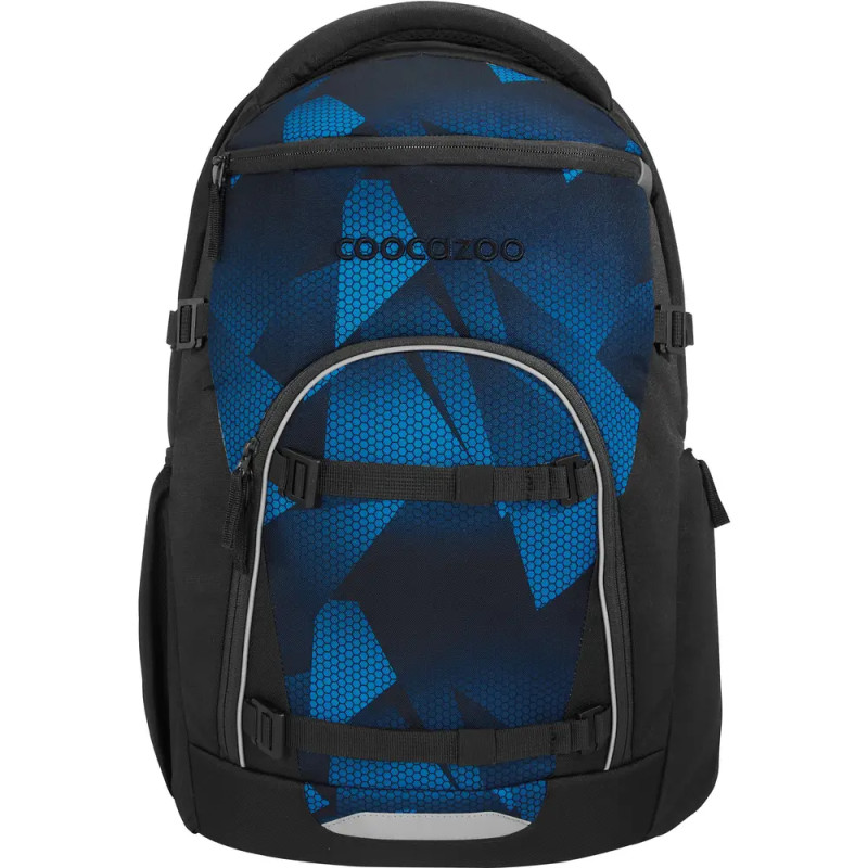 Schwarzer und blauer Rucksack mit geometrischem Muster und COOCAZOO-Logo auf der Vorderseite.